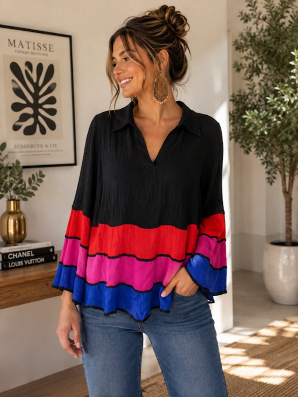 Josephine Chaus Colorblock Collared Knit Top | Black Red Pink Blue Pullover 1